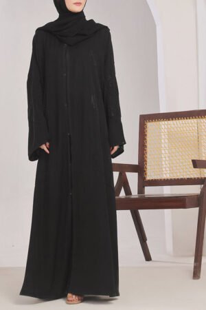 Stone Work Front Open Black Abaya - 0116-RC-1020