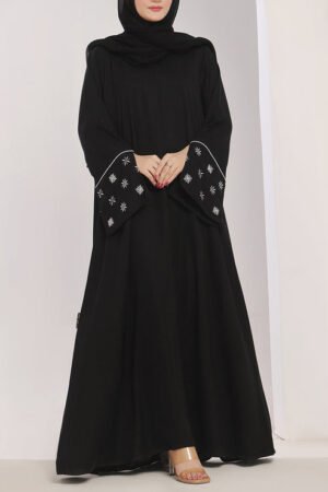 Machine Embroidery Front Close Black Abaya - 0120-E-756