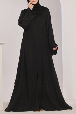 Stone work Front Open Black Nida Abaya - 0121-C-1024