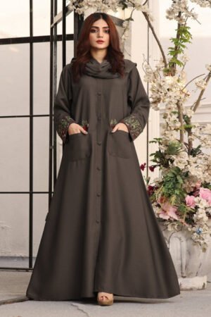 Front Open Brown Zoom Embroidered Abaya 0118-K-752